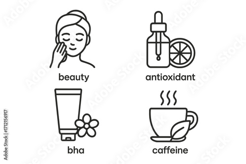 Skin care routine line icon set. Beauty cosmetic ingredients like antioxidant, BHA, and caffeine. Vector outline illustration for dermatology, facial serum, cream, and beauty products.