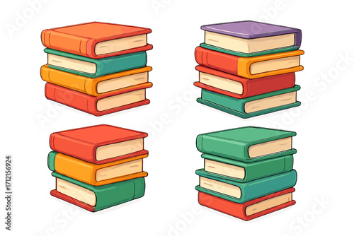 Set of colorful book stacks. Pile of books in a cartoon vector style. Library, education, and school graphic elements. Concept for learning, knowledge, study, and literature.