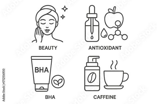 Skin care routine line icon set. Beauty, antioxidant, BHA, caffeine cosmetic ingredients. Vector illustration for dermatology, facial treatment, serum, cream, and exfoliation.