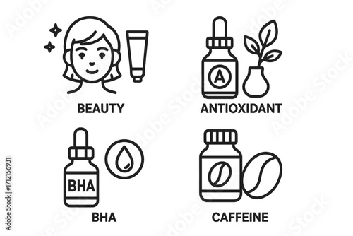 Skincare routine icon set with cosmetic ingredients. Beauty, antioxidant, BHA, caffeine concepts. Vector line art illustration for dermatology, facial care, and cosmetology.