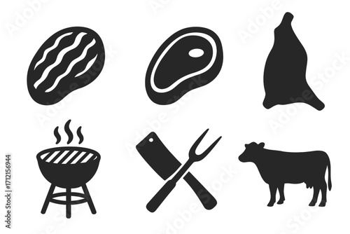 Steak and beef silhouette icon set for butcher shop or barbecue. Vector icons of a cow, meat cuts, T-bone steak, cleaver, fork, and grill. Food and cooking concept.
