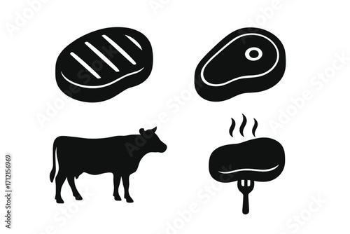 Beef steak meat silhouette icon set. Vector graphic for grilling, barbecue, steakhouse menu. Raw and cooked meat, cow, grilled fillet symbol. Food design, butchery concept.