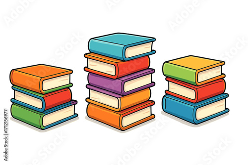 Vector illustration of colorful book stacks. Cartoon drawing for education, school, and library concepts. Pile of textbooks for learning, knowledge, and reading. Isolated set.