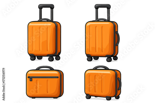 Orange travel luggage set. Modern plastic suitcase collection for vacation. Carry-on bag and trolley with wheels for journey or trip. Vector cartoon tourism illustration isolated.