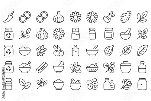 Collection of organic and wellness vector icons including seasoning, extract and herbal therapy