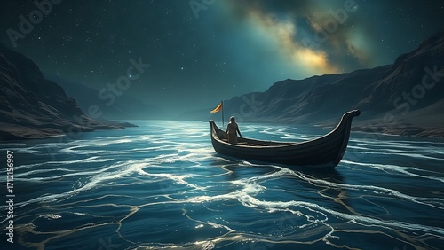 Photos Primitive stone boat drifting on an ancient shimmering river beneath a star-filled night sky