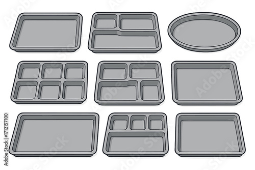 Set of various food trays. Cafeteria, school lunch and bento meal prep concept. Collection of empty gray plastic serving trays with compartments. Vector cartoon illustration.