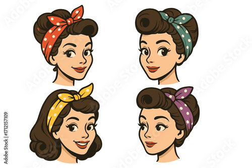 Set of retro woman faces with vintage hairstyles and polka dot bandanas. Rockabilly pin-up girl character portraits. Cartoon vector illustration for beauty or hair salon logo.