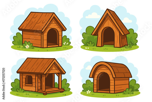 Set of wooden dog houses. Collection of different cartoon kennels for pets. Vector illustration of outdoor animal shelters in various styles. Cute home for puppy or dog.