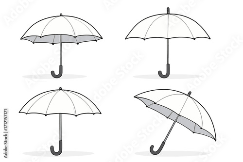 White umbrella set from different angles. Open parasol collection for weather protection. Blank mockup for design. Vector illustration icon for rain or sun. Accessory concept.