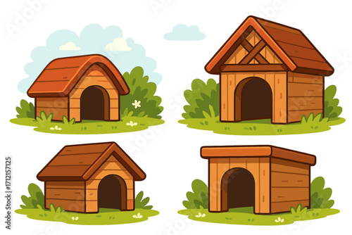 Wooden dog house collection. Set of cartoon vector kennels in different styles for pets. Outdoor animal shelter, cozy home for puppy. Dog care concept illustration pack.