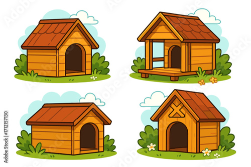 Set of wooden dog houses in various styles. Cartoon vector illustration of pet kennels for animal shelter. Outdoor home collection for dogs in a cheerful garden setting.