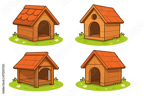Set of wooden dog houses in various styles. Vector cartoon illustration for pet care concepts. Collection of kennels for dogs and puppies in a cheerful outdoor setting.