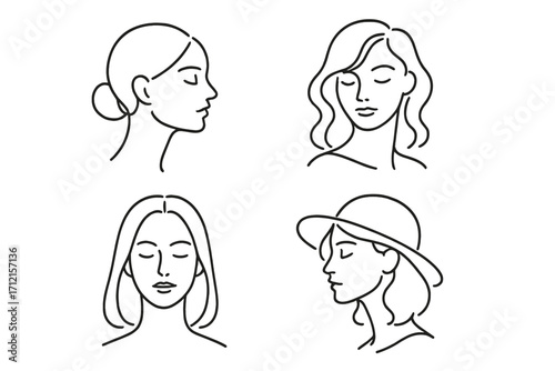 Woman face continuous line art drawing set. Female portrait collection. Abstract minimalist girl head illustration. Beauty salon logo. Hairstyle concept. Vector for cosmetic.