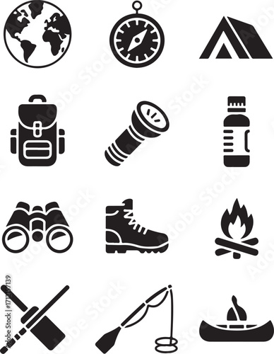 Explore adventure gear icons for travel and outdoors