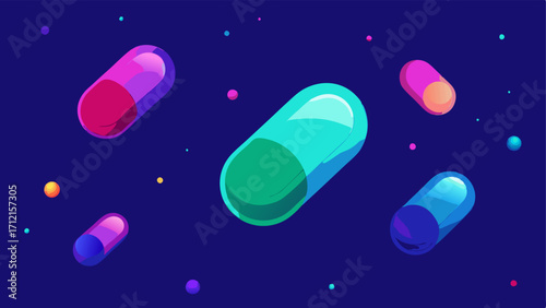 3D Supplement Capsules A set of 3Drendered capsules floating in space glowing with neon colors representing various nutrientseach identifiable by unique shapes and sizes.