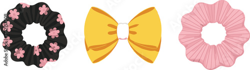 Hair accessory illustration, scrunchie and bow vector, cute fashion hair tie design, decorative elastic band, stylish girly accessory clipart