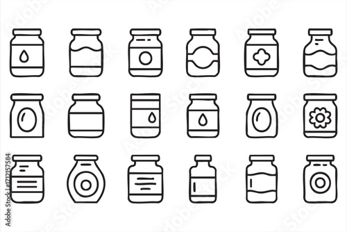 Kitchen container and jar outline icons for ingredient and product design graphics