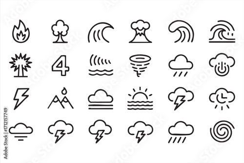 Climate change and nature vector icons pack for storm, heat, and environmental themes