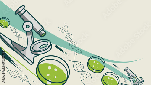 Illustration of microscopes petri dishes and dna strands in a science themed graphic design layout