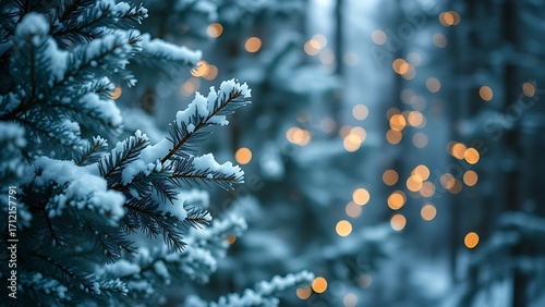 Snow-covered spruce branches in a winter forest, evoking a magical Christmas atmosphere.