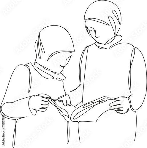 One continuous single drawing line art flat doodle koran, islam, learning, education, female, culture, book, religion. Isolated image hand draw contour on a white background, hand drawn, not AI