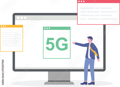 5G network wireless internet technology concept with character.


