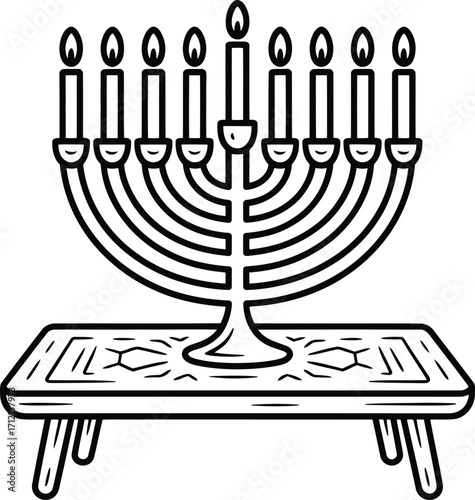 Simple line drawing of a menorah with nine candles lit standing on a decorated table with legs