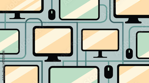 Seamless pattern of computer monitors and mice connected by wires on a light blue background design