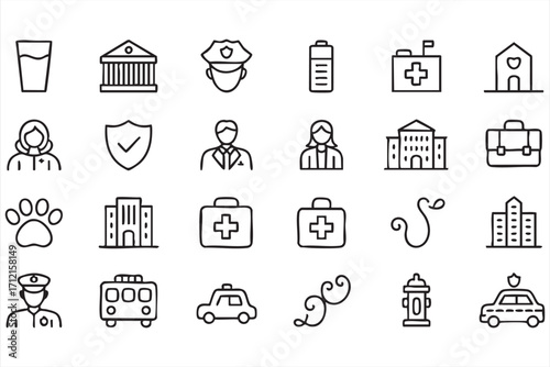Public authority and civic building symbols for hospital, school, and law design themes