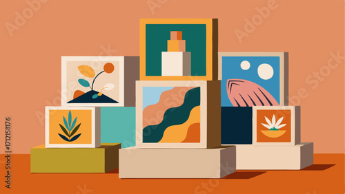 A display of modern art prints on wooden blocks perfect for adding a touch of flair to any room.