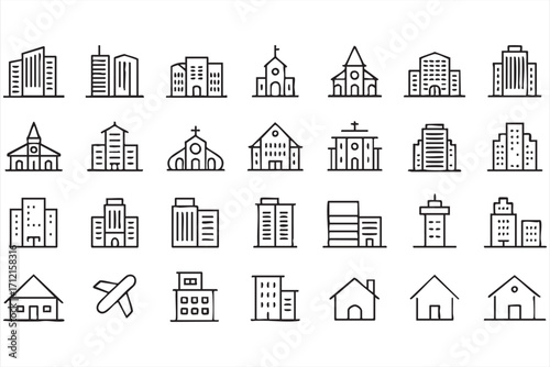 Collection of city skyline and building doodle illustrations for construction graphics