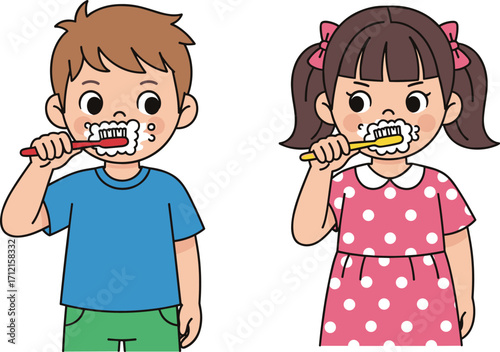 Children brushing teeth, dental hygiene, cartoon kids illustration, healthy habits, oral care, smiling faces, bathroom routine, childhood health, toothpaste foam, toothbrush practice