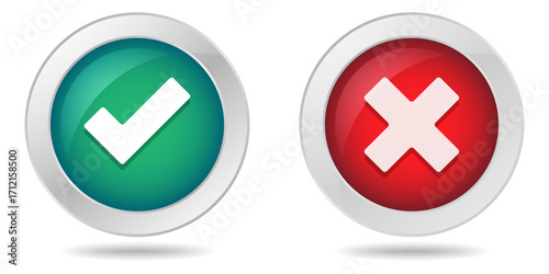 Glossy green checkmark and red cross vector icons. Perfect approval and rejection symbols for apps, websites, UI/UX design, and digital buttons. Isolated on transparent background.