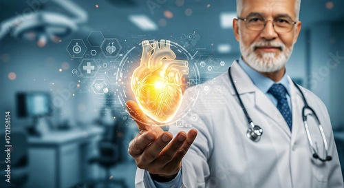 Futuristic medical innovation in cardiology with a mature doctor holding a glowing digital heart for advanced diagnosis and healthcare