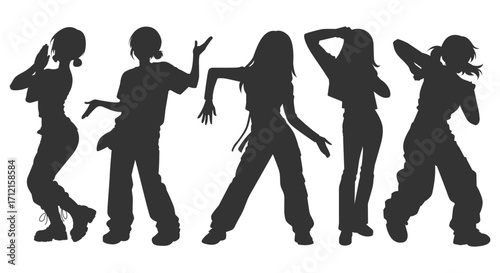 Set silhouette illustrations of kpop idols singing and dancing on stage. Flat vector kpop music star. Modern group dancers with various different styles, poses and choreography. Korean pop cultures.