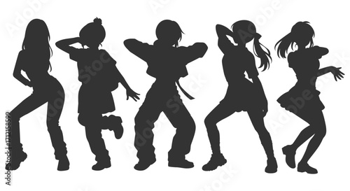 Set silhouette illustrations of kpop idols singing and dancing on stage. Flat vector kpop music star. Modern group dancers with various different styles, poses and choreography. Korean pop cultures.