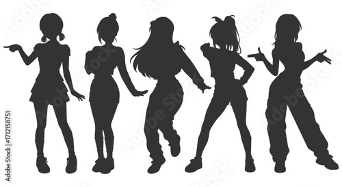 Set silhouette illustrations of kpop idols singing and dancing on stage. Flat vector kpop music star. Modern group dancers with various different styles, poses and choreography. Korean pop cultures.