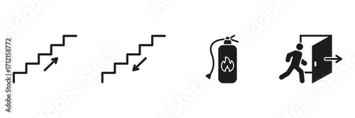 Emergency Evacuation And Safety Icons Set. Fire Safety, Exit Route and Stairway Direction Silhouette Symbol Collection. Essential Safety Signage For Buildings. Isolated Vector Illustration