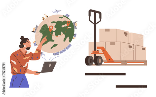 Woman using laptop while tracking shipment locations on globe, boxes loaded on pallet jack. Ideal for logistics, shipping, e-commerce, global trade, distribution, inventory, digital transformation