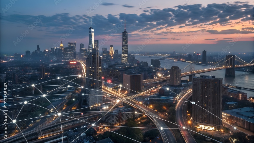 Fototapeta premium Night Cityscape Aerial View Showing Network Connections.