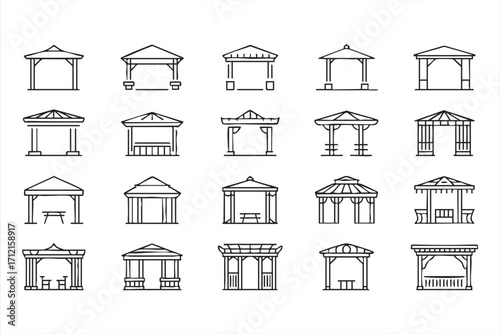 Collection of pavilion doodle illustrations for terrace, patio, and landscape use