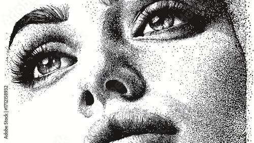 Detailed Stippling Dotwork Illustration of Human Face in Vintage Style
