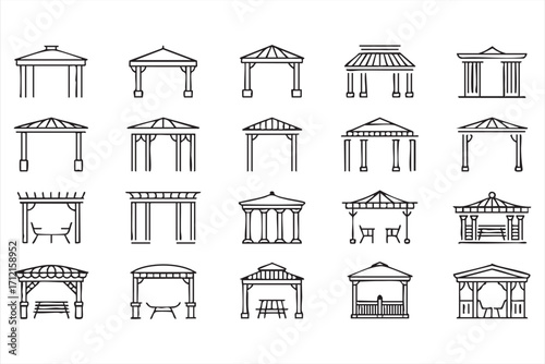 Gazebo and pavilion vector icons set for garden, park, and outdoor design concepts
