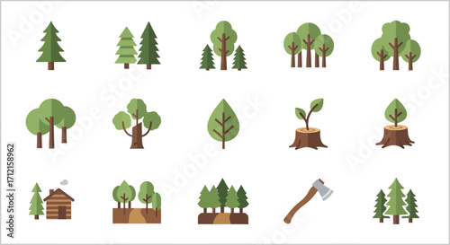 Collection of stylized trees and nature elements in a flat design style.