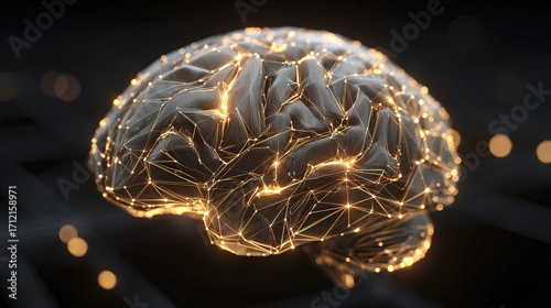 Abstract Digitally Rendered Human Brain with Glowing Golden Neural Connections Visualizing Cognition