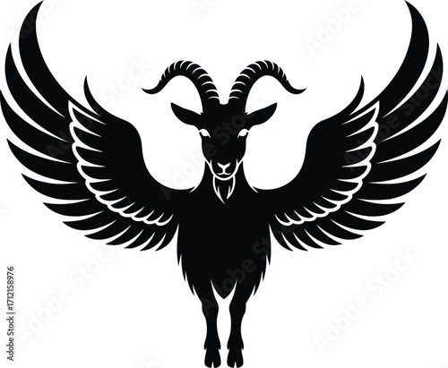 Black winged goat silhouette with curved horns and spread wings white background