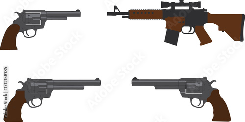 Handgun revolvers and assault rifle illustration, firearm weapon collection, military equipment, gun design, vintage pistol drawing, modern rifle flat style