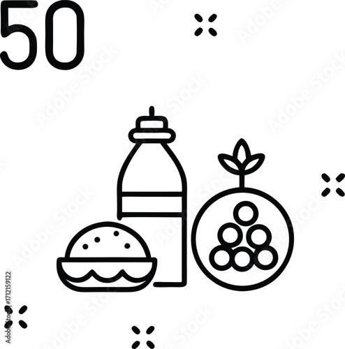 Fifty number icon with food and drink elements numeral