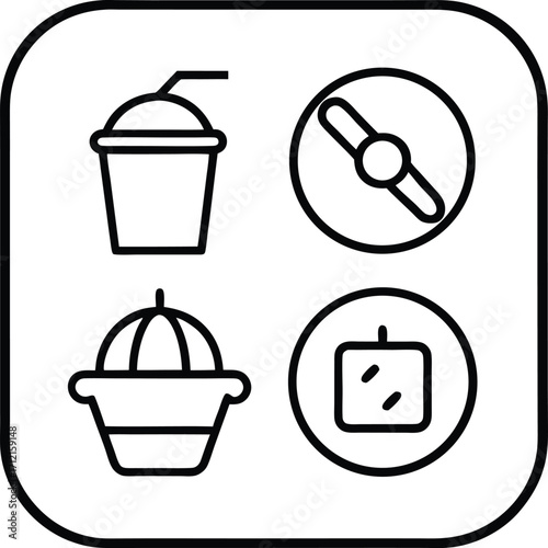 Four black line art icons of a drink cup a compass a juicer and a cube on white icon set black and white